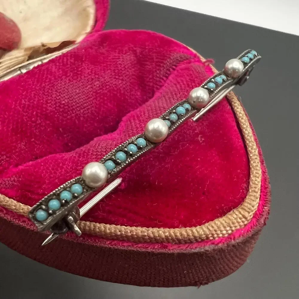 Antique Sterling silver Faux Turquoise and Pearl Bar pin Brooch